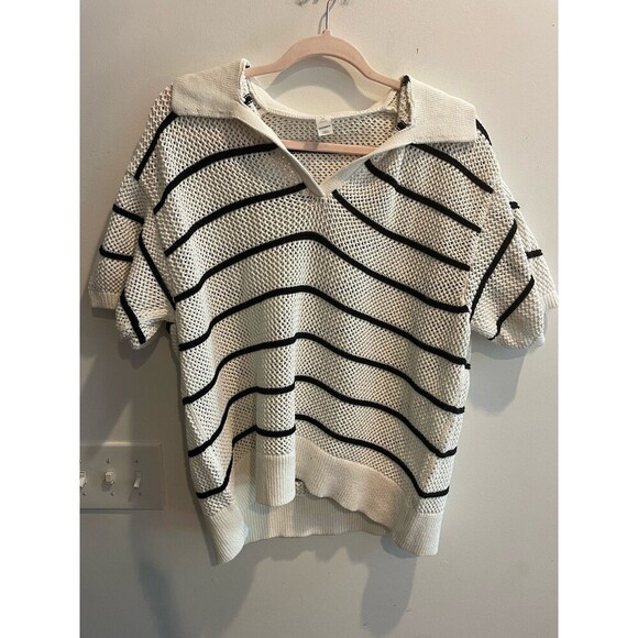 Old Navy White Black Knit Striped Collared Short Sleeve Sweater Top XXL Womens - Picture 10 of 11